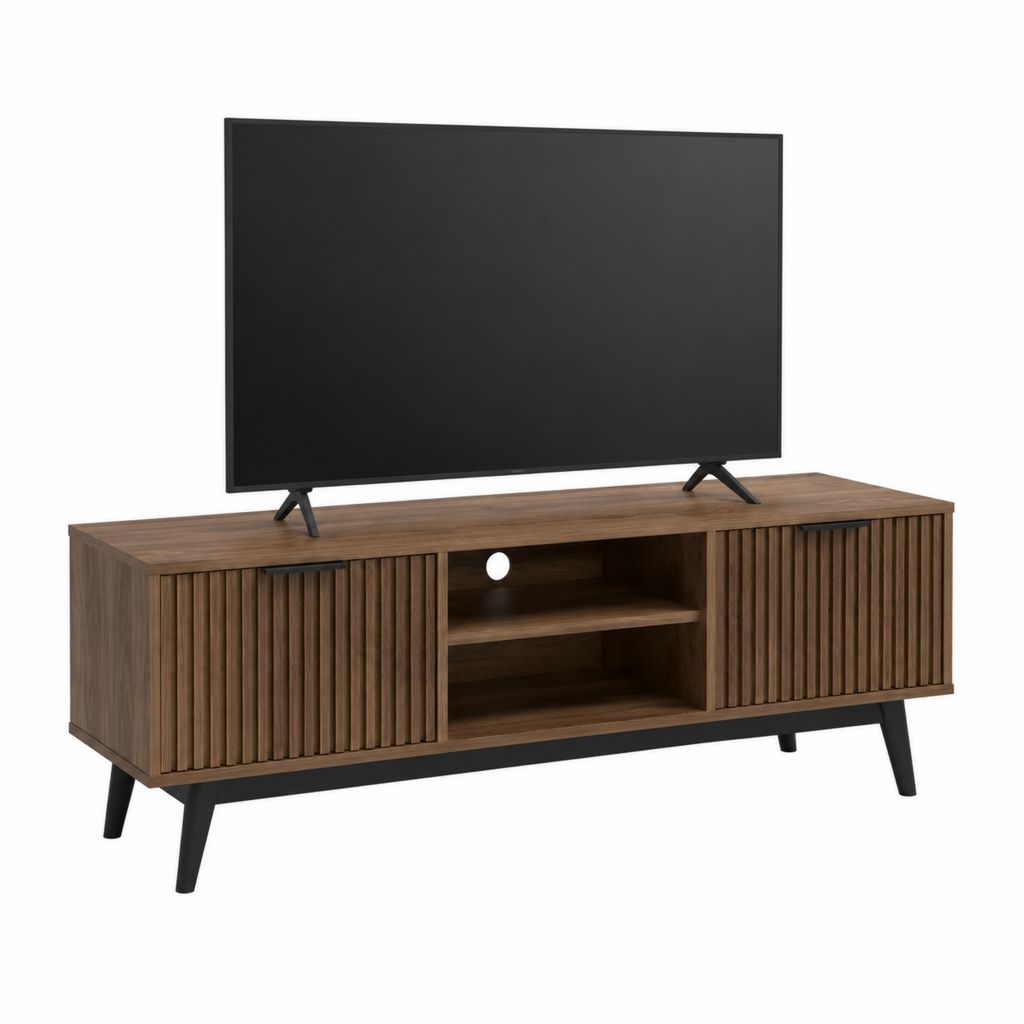 TV-Lowboard Walnussoptik aus Spanplatte rechteckig mit Lamellentüren 140 x 40 x 55 cm