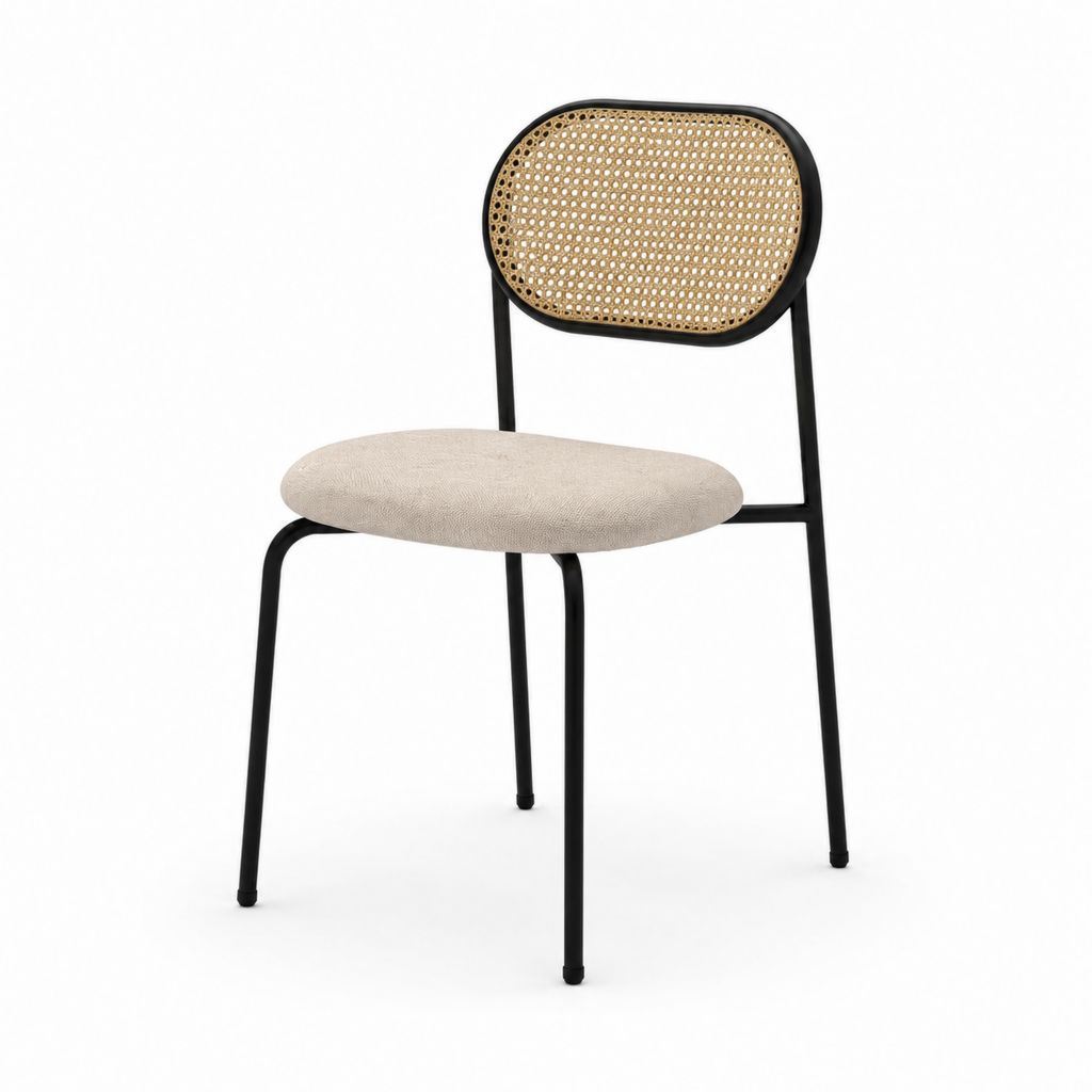 Esszimmerstuhl Beige mit Polyesterbezug Rattan Rückenlehne und Stahlgestell 82 x 46 x 54 cm