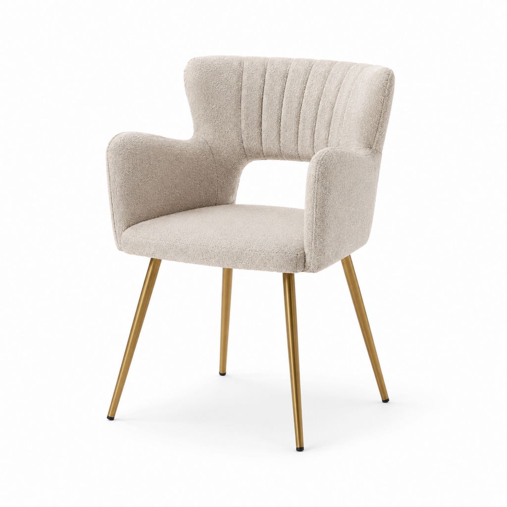 Esszimmerstuhl mit Armlehnen Beige Polyester-Bouclé geschwungene Form goldfarbene Stahlbeine 59 x 61 x 86 cm
