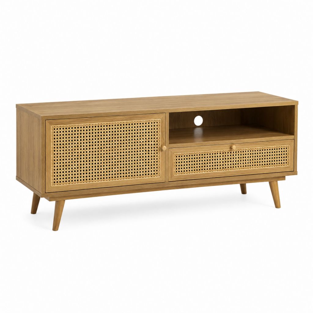 TV-Lowboard Eichefarben aus MDF mit Rattanfront rechteckig 120 x 40 x 55 cm