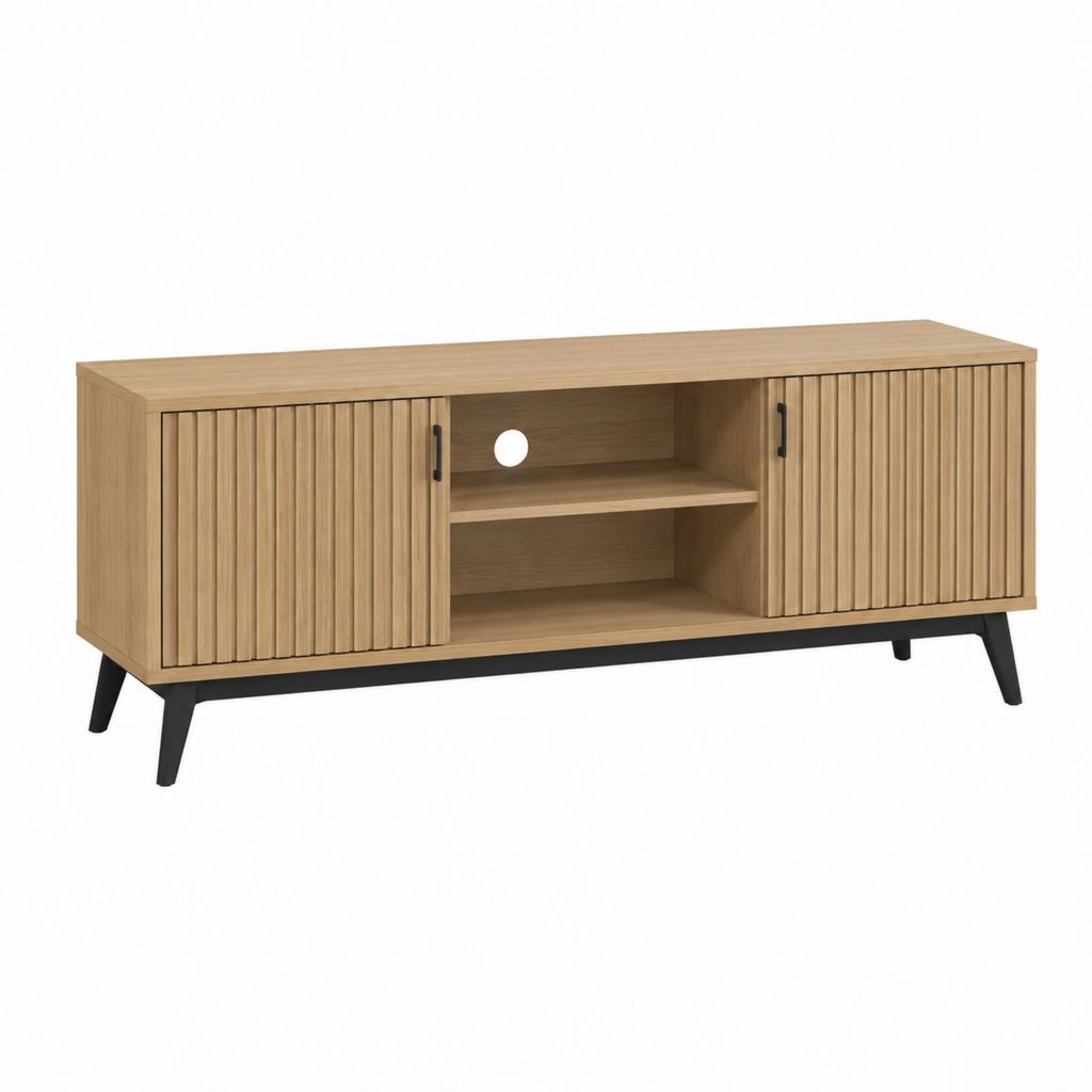 TV Lowboard Eichefarben aus Spanplatte mit Rillentüren und Stahlfüßen rechteckig 140 x 40 x 60 cm