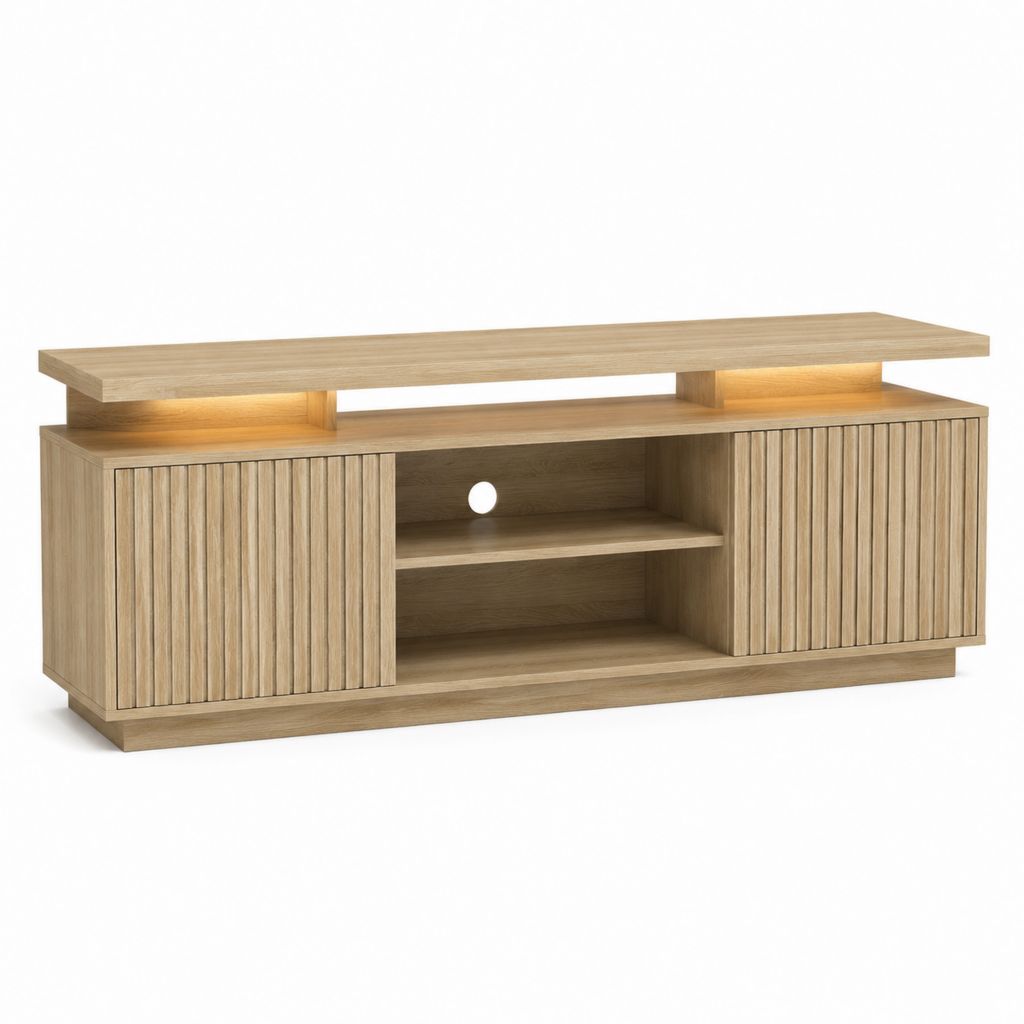 TV-Lowboard Eichefarben aus MDF mit Eichenfurnier 140 x 40 x 60 cm mit Schiebetüren und LED-Beleuchtung