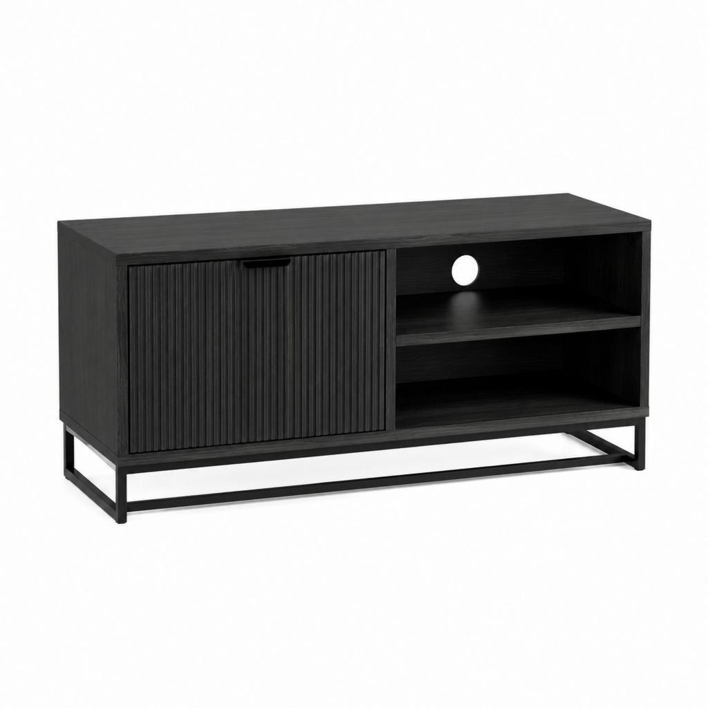 TV-Lowboard Schwarz aus Spanplatte und Stahl 120 x 40 x 60 cm mit Schiebetür und offenen Fächern